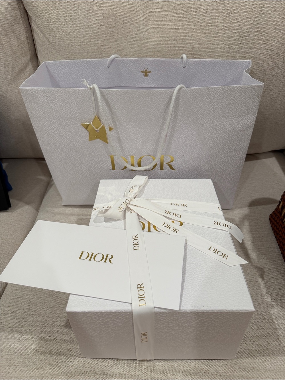 Dior White Gift Box and Matching Bag with Gold Logo Accents